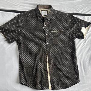 Craft Flow Men's L Palm Tree Print Button-Up Shirt Short Sleeve Black Beige